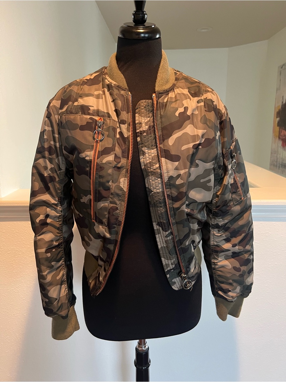 Topshop Camo Bomber Jacket in Olive and Brown